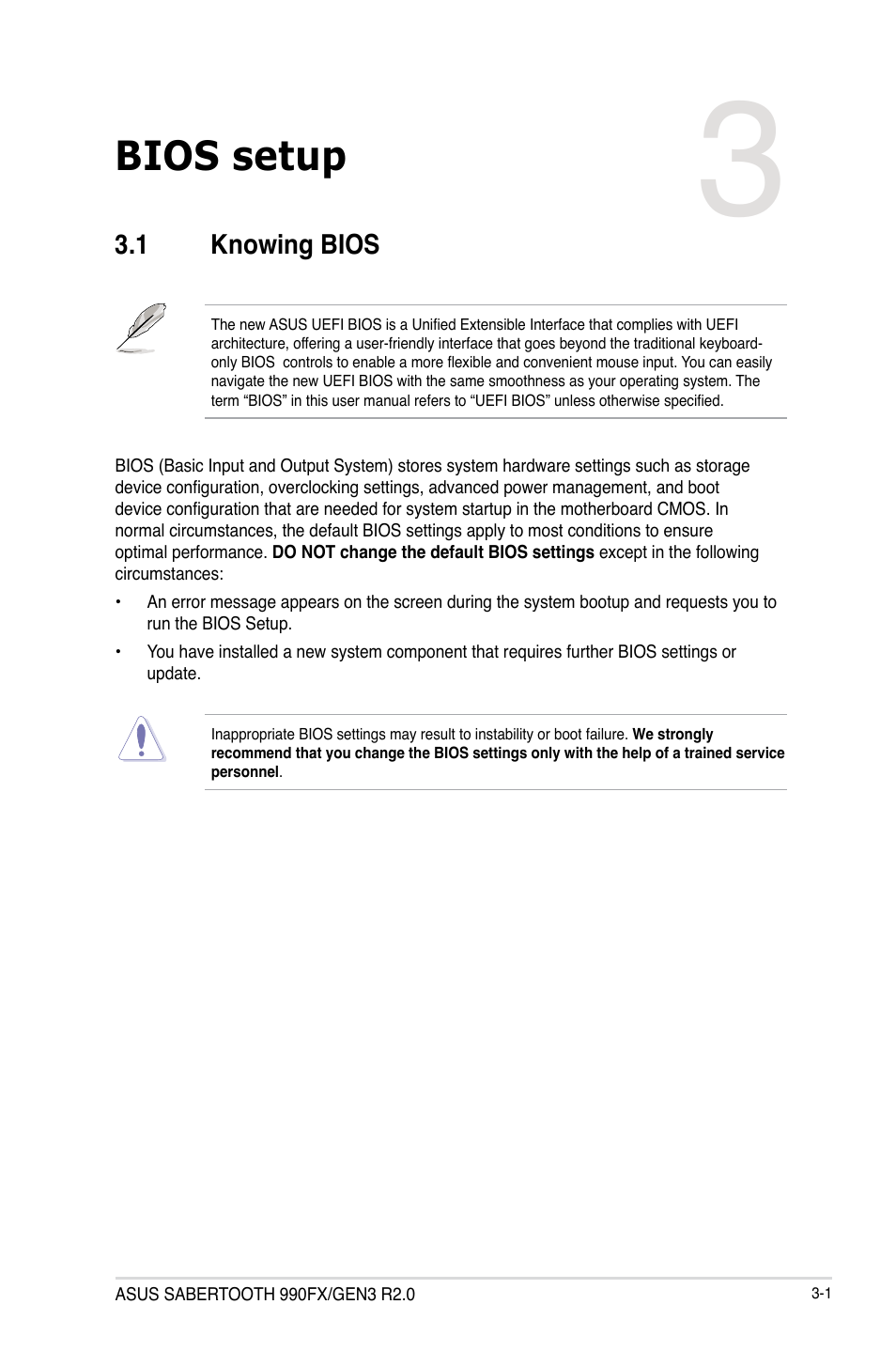 Chapter 3: bios setup, 1 knowing bios, Chapter 3 | Bios setup, Knowing bios -1 | Asus SABERTOOTH 990FX/GEN3 R2.0 User Manual | Page 71 / 184
