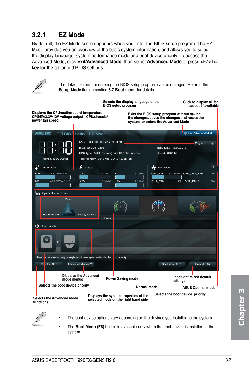 1 ez mode, Ez mode -3, Chapter 3 | Asus SABERTOOTH 990FX/GEN3 R2.0 User Manual | Page 73 / 184