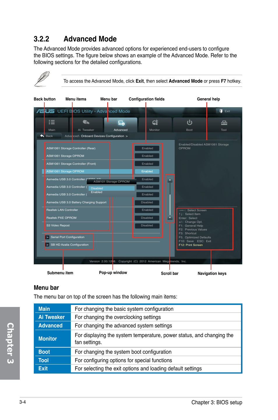 2 advanced mode, Advanced mode -4, Chapter 3 | Menu bar, Chapter 3: bios setup | Asus SABERTOOTH 990FX/GEN3 R2.0 User Manual | Page 74 / 184