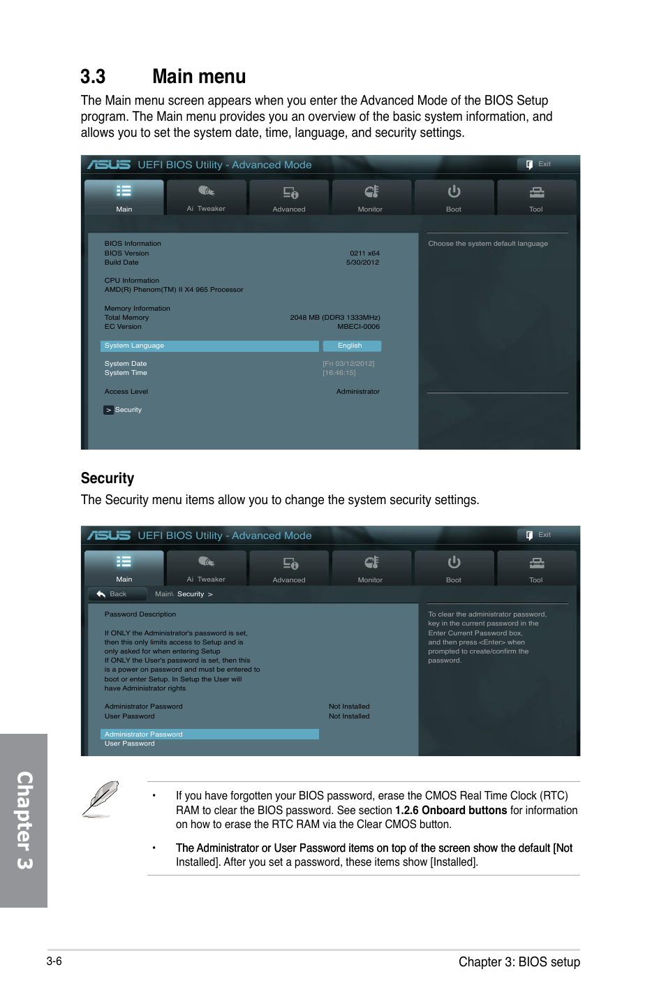 3 main menu, Main menu -6, Chapter 3 3.3 main menu | Security, Chapter 3: bios setup | Asus SABERTOOTH 990FX/GEN3 R2.0 User Manual | Page 76 / 184