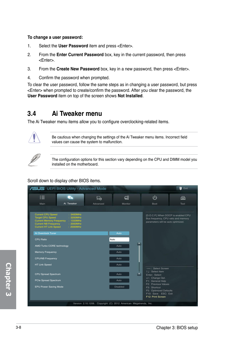 4 ai tweaker menu, Ai tweaker menu -8, Chapter 3 | Chapter 3: bios setup, Scroll down to display other bios items | Asus SABERTOOTH 990FX/GEN3 R2.0 User Manual | Page 78 / 184