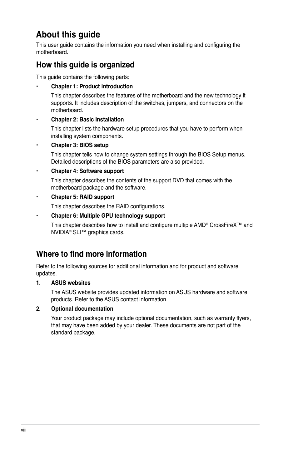 About this guide, How this guide is organized, Where to find more information | Asus SABERTOOTH 990FX/GEN3 R2.0 User Manual | Page 8 / 184