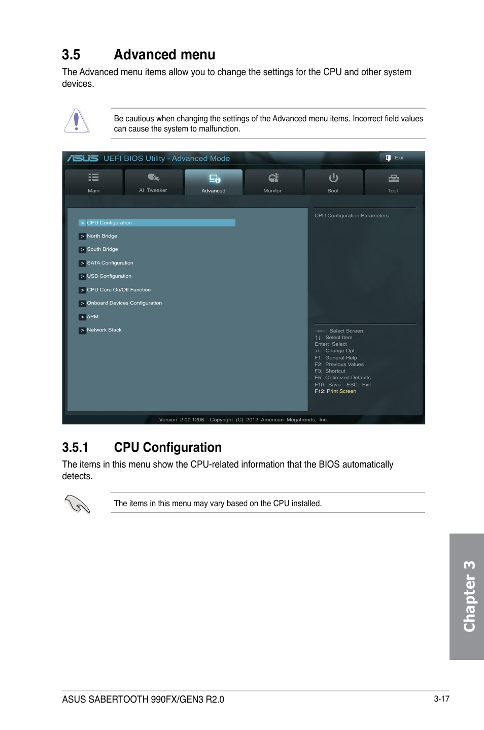 5 advanced menu, 1 cpu configuration, Advanced menu -17 3.5.1 | Cpu configuration -17, Chapter 3 3.5 advanced menu | Asus SABERTOOTH 990FX/GEN3 R2.0 User Manual | Page 87 / 184