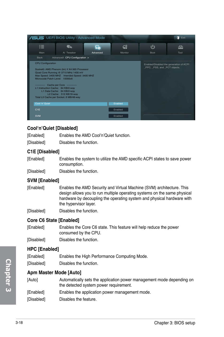 Chapter 3, Cool‘n’quiet [disabled, C1e [disabled | Svm [enabled, Core c6 state [enabled, Hpc [enabled, Apm master mode [auto, Chapter 3: bios setup | Asus SABERTOOTH 990FX/GEN3 R2.0 User Manual | Page 88 / 184