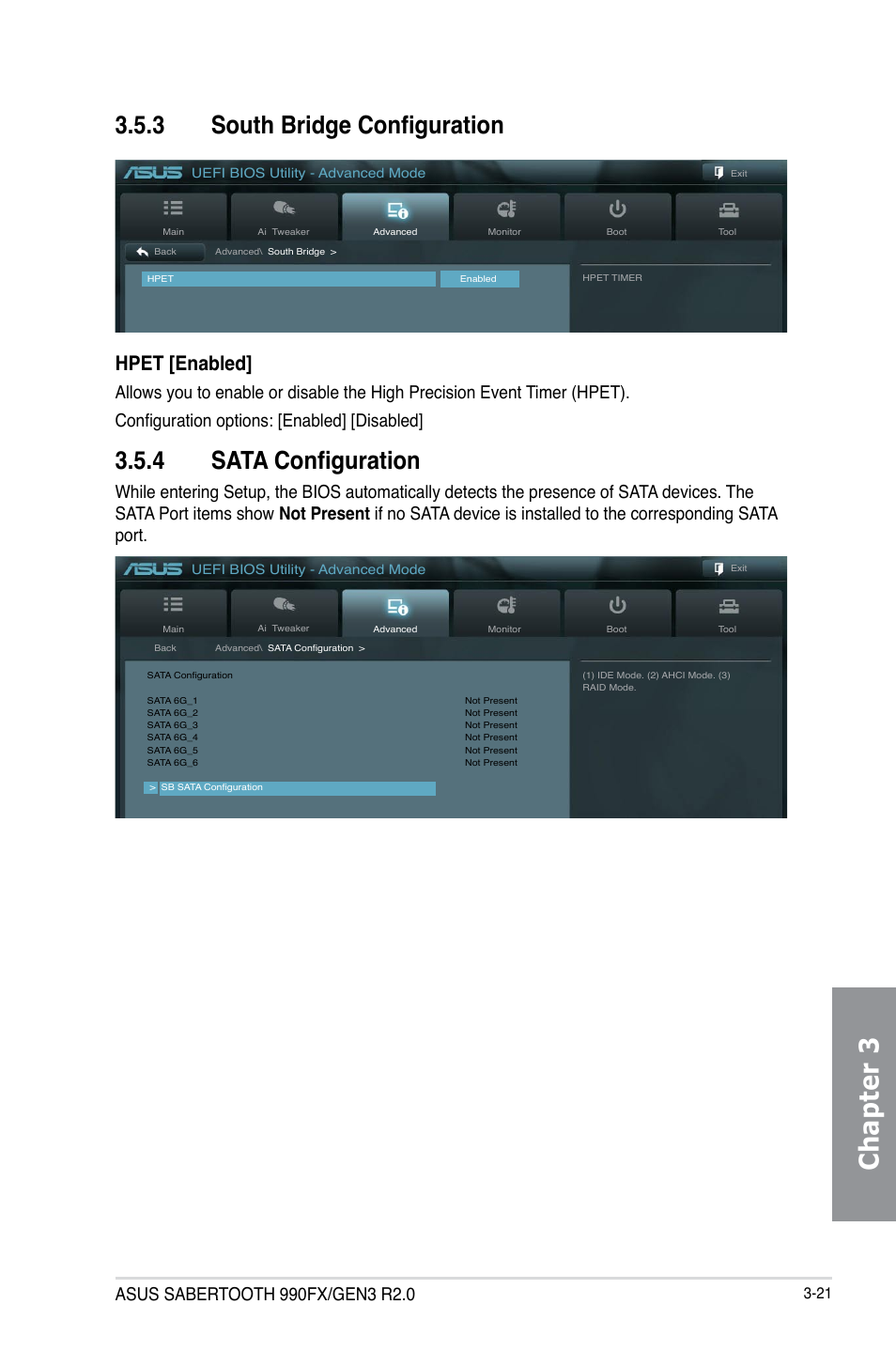 3 south bridge configuration, 4 sata configuration, South bridge configuration -21 | Sata configuration -21, Chapter 3, Hpet [enabled | Asus SABERTOOTH 990FX/GEN3 R2.0 User Manual | Page 91 / 184