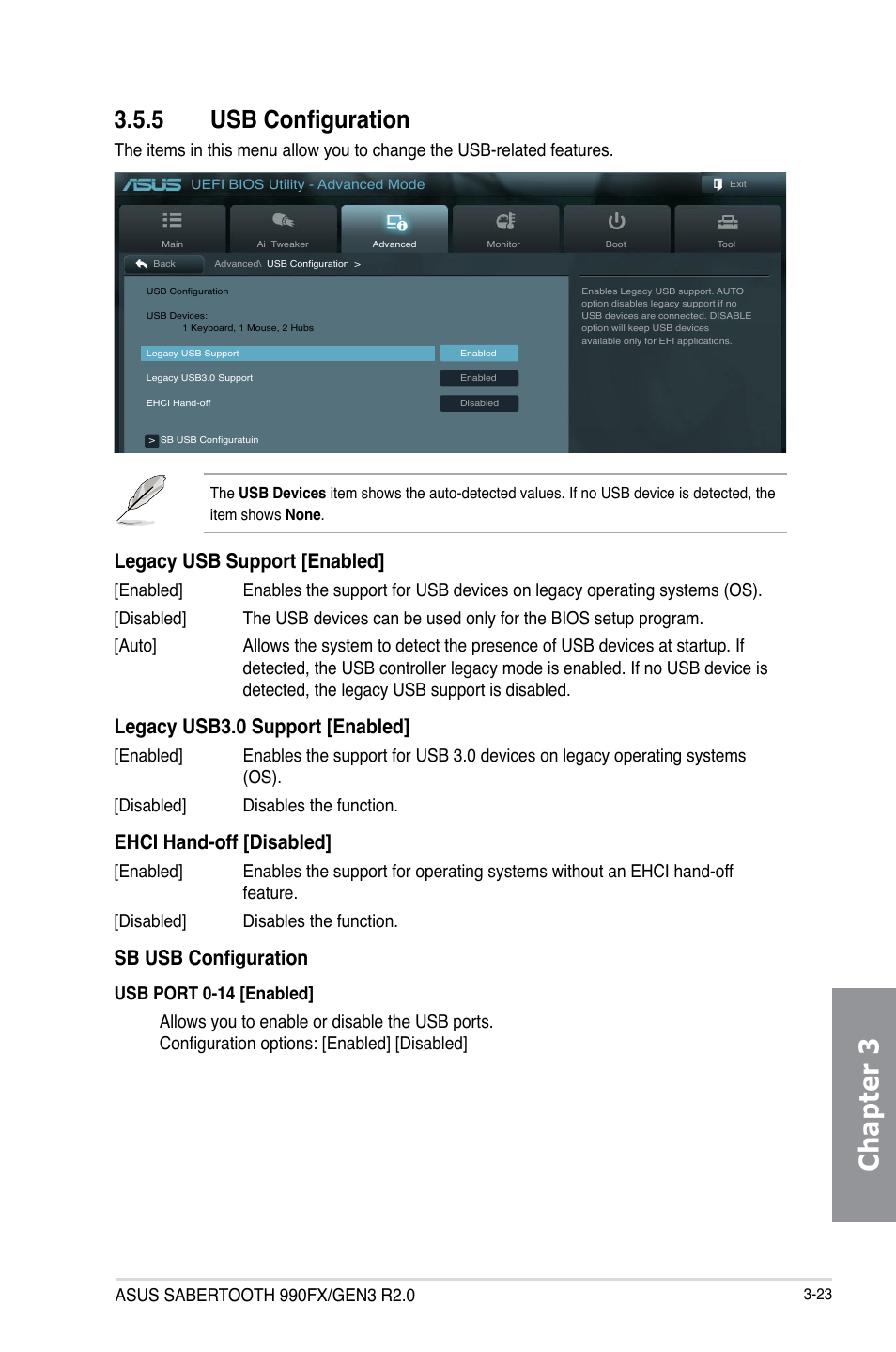 5 usb configuration, Usb configuration -23, Chapter 3 | Legacy usb support [enabled, Legacy usb3.0 support [enabled, Ehci hand-off [disabled, Sb usb configuration | Asus SABERTOOTH 990FX/GEN3 R2.0 User Manual | Page 93 / 184