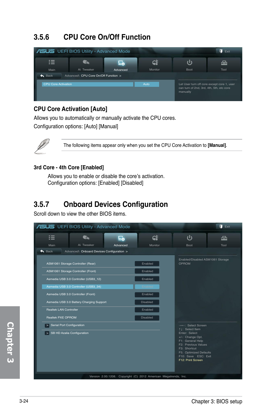 6 cpu core on/off function, 7 onboard devices configuration, Cpu core on/off function -24 | Onboard devices configuration -24, Chapter 3, Cpu core activation [auto, Chapter 3: bios setup, Scroll down to view the other bios items | Asus SABERTOOTH 990FX/GEN3 R2.0 User Manual | Page 94 / 184