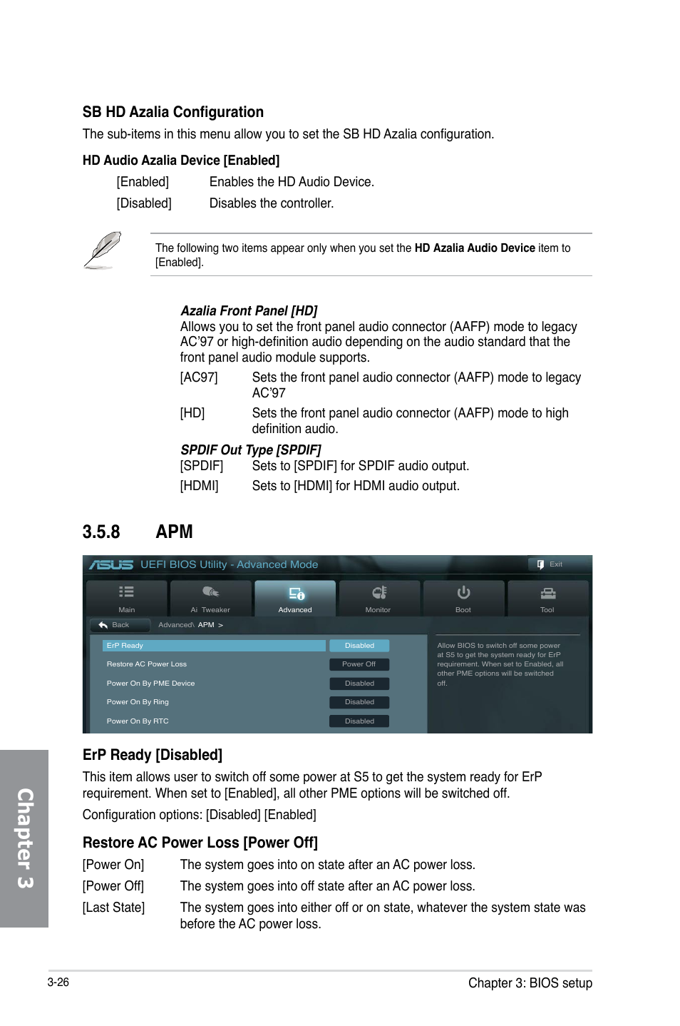 8 apm, Apm -26, Chapter 3 | Sb hd azalia configuration, Erp ready [disabled, Restore ac power loss [power off, Chapter 3: bios setup | Asus SABERTOOTH 990FX/GEN3 R2.0 User Manual | Page 96 / 184