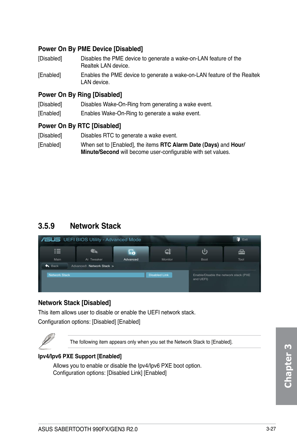 9 network stack, Network stack -27, Chapter 3 | Power on by pme device [disabled, Power on by ring [disabled, Power on by rtc [disabled, Network stack [disabled | Asus SABERTOOTH 990FX/GEN3 R2.0 User Manual | Page 97 / 184