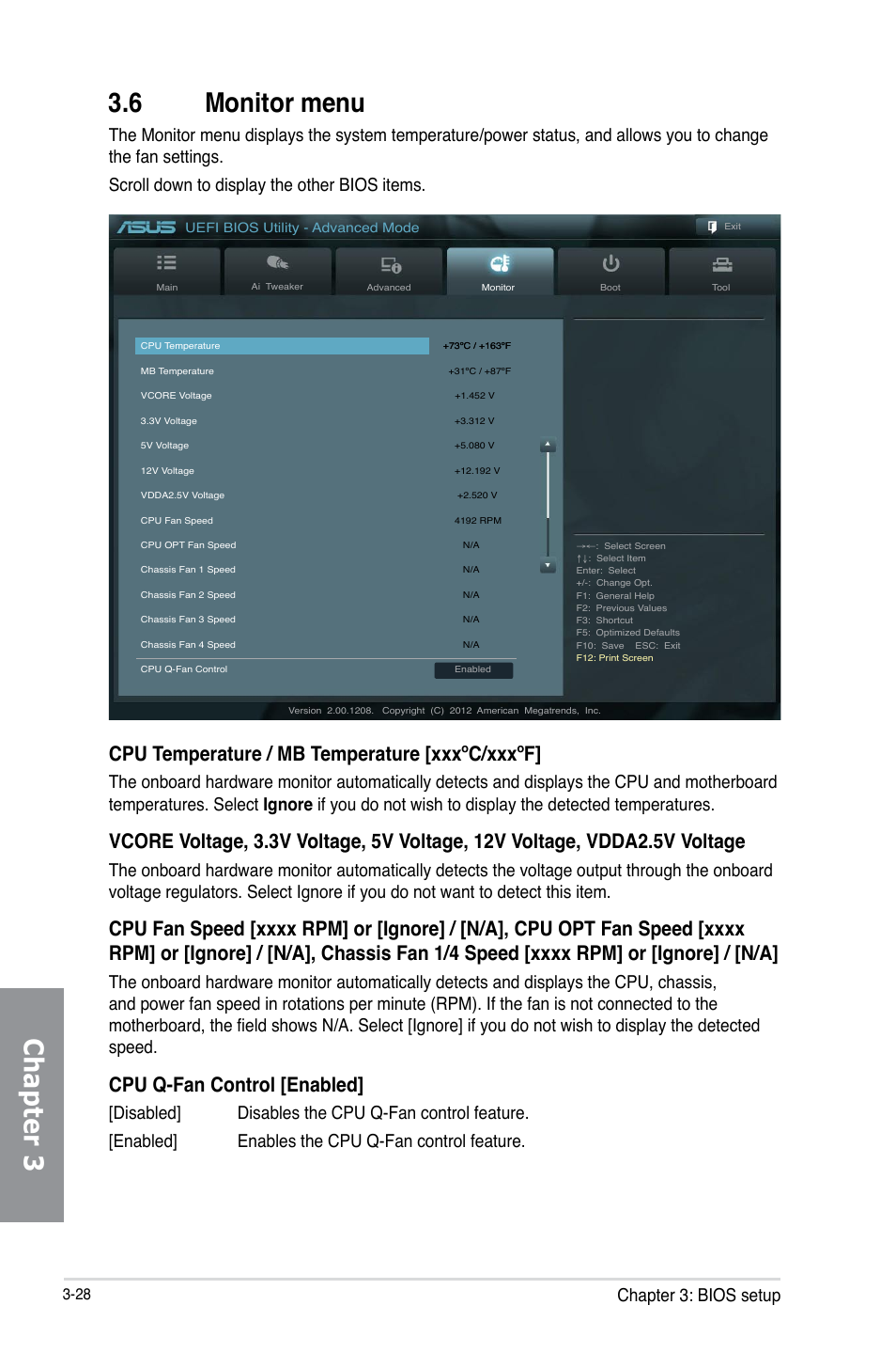 6 monitor menu, Monitor menu -28, Chapter 3 3.6 monitor menu | Cpu temperature / mb temperature [xxxºc/xxxºf, Cpu q-fan control [enabled, Chapter 3: bios setup | Asus SABERTOOTH 990FX/GEN3 R2.0 User Manual | Page 98 / 184