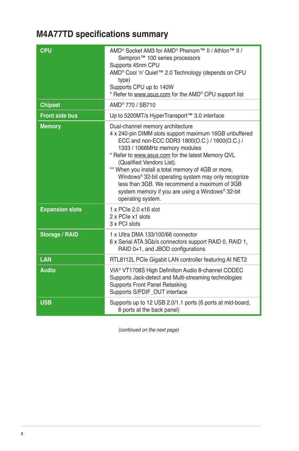 M4a77td specifications summary | Asus M4A77TD User Manual | Page 10 / 64