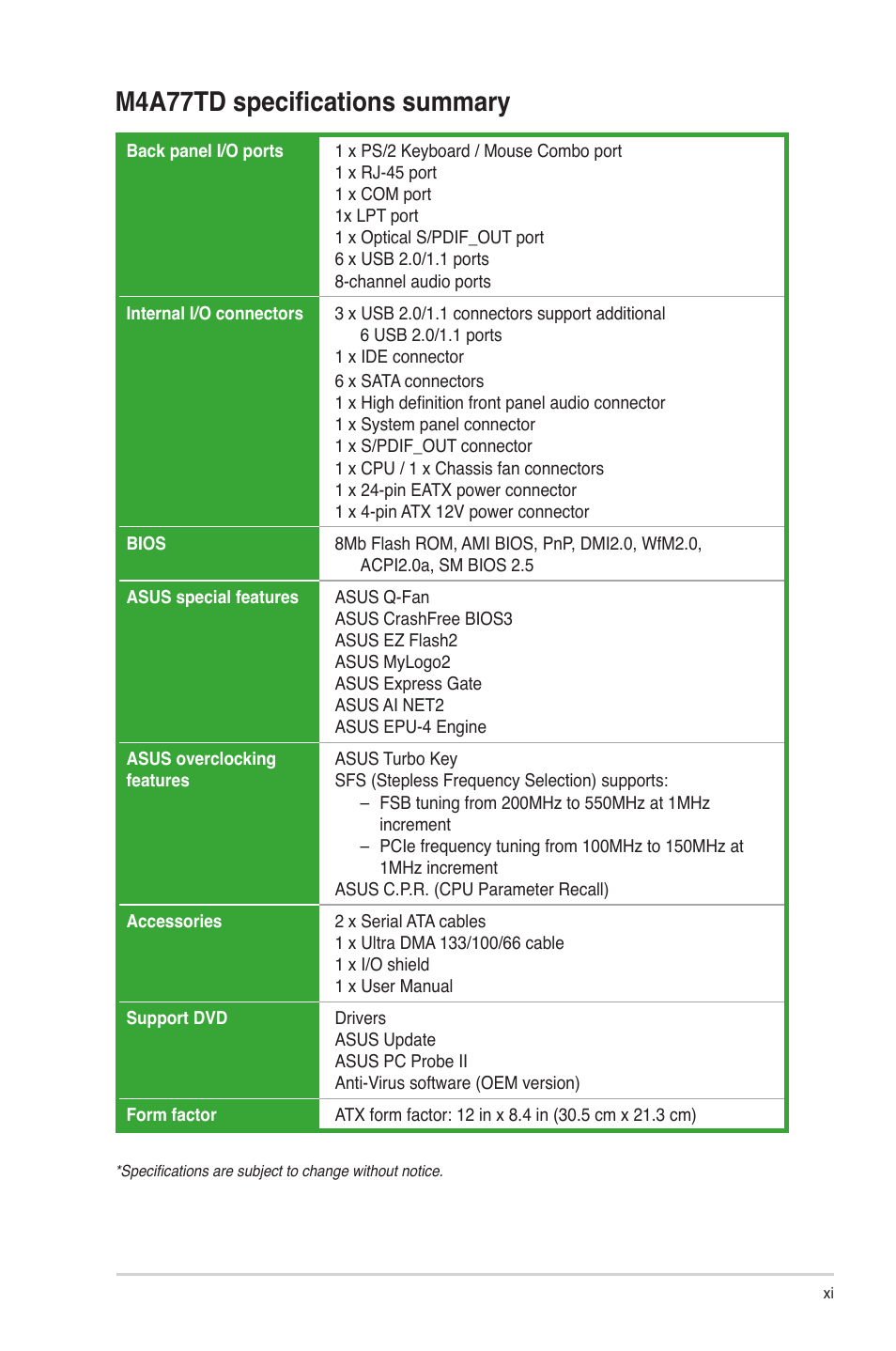 M4a77td specifications summary | Asus M4A77TD User Manual | Page 11 / 64