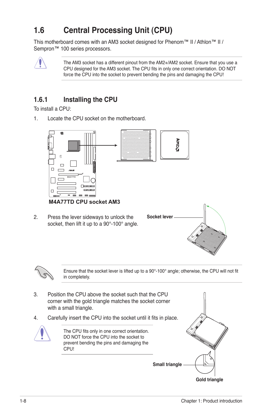 6 central processing unit (cpu), 1 installing the cpu, Central processing unit (cpu) -8 1.6.1 | Installing the cpu -8 | Asus M4A77TD User Manual | Page 20 / 64