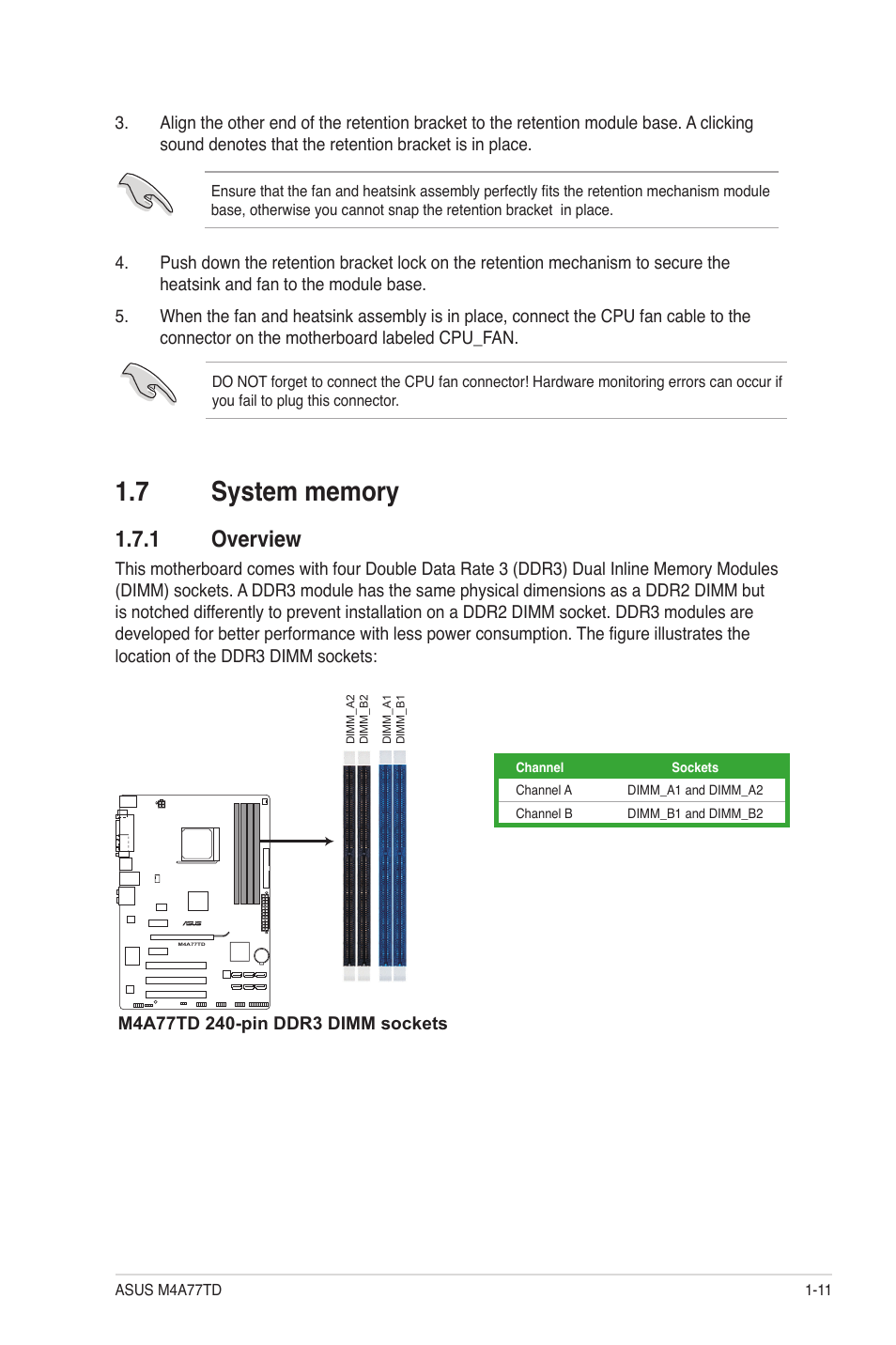 7 system memory, 1 overview, System memory -11 1.7.1 | Overview -11 | Asus M4A77TD User Manual | Page 23 / 64