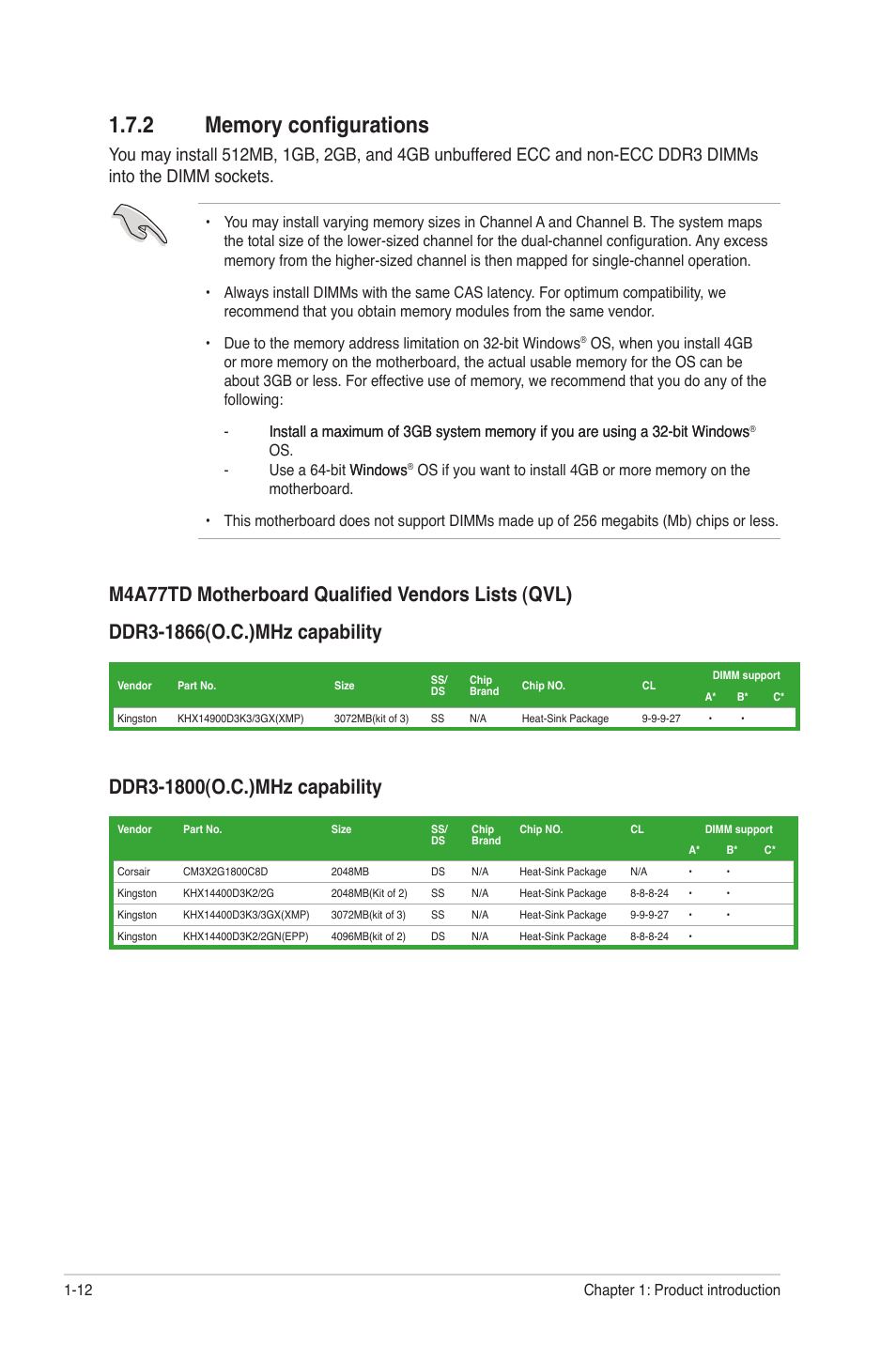 2 memory configurations, Memory configurations -12 | Asus M4A77TD User Manual | Page 24 / 64