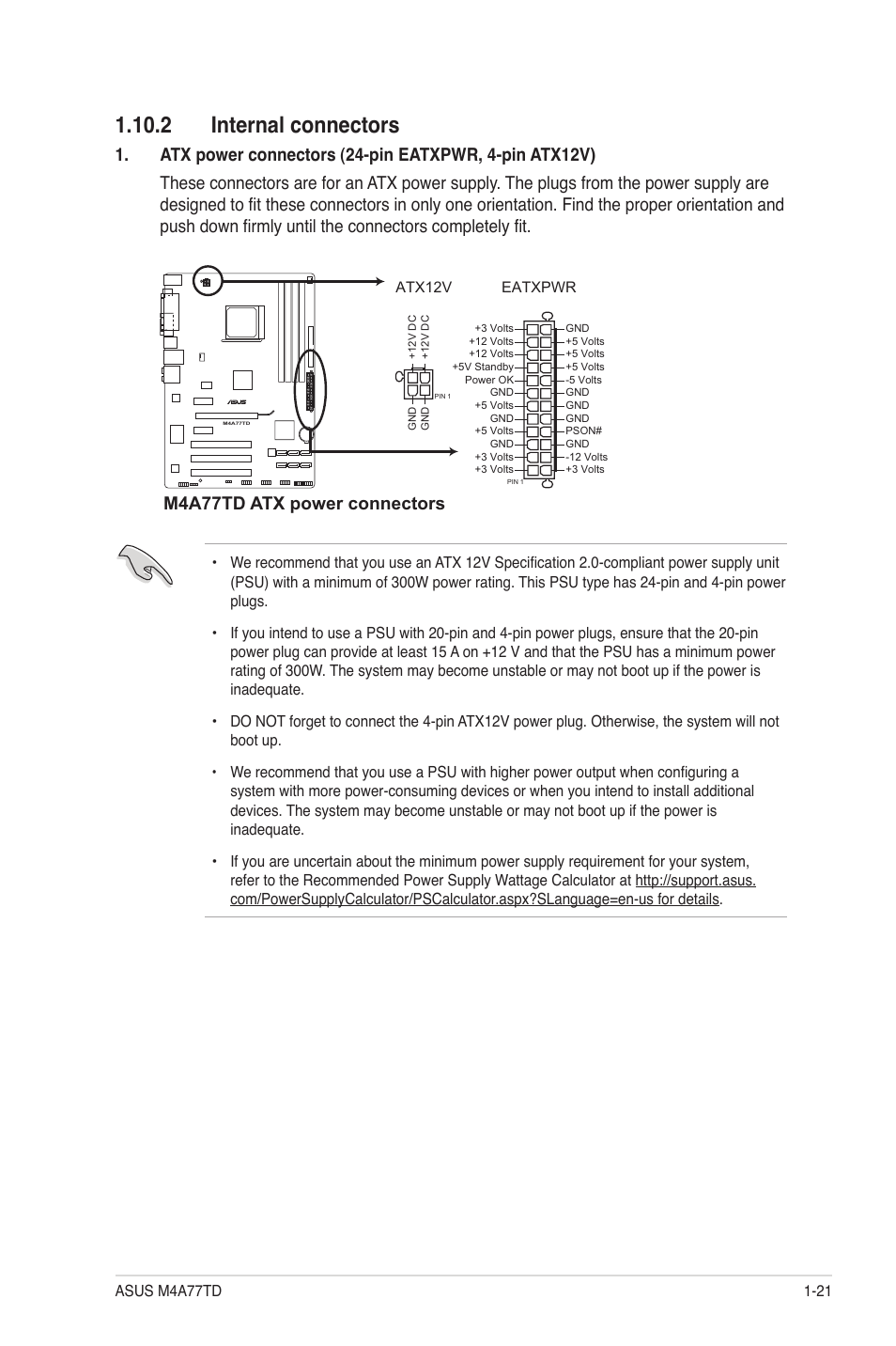 2 internal connectors, 2 internal connectors -21, M4a77td atx power connectors | Asus M4A77TD User Manual | Page 33 / 64