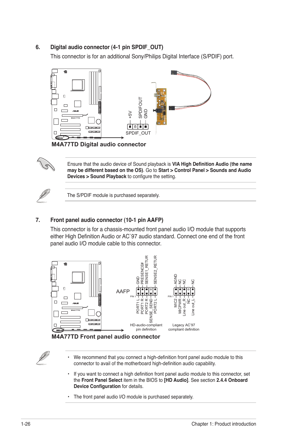 M4a77td digital audio connector, M4a77td front panel audio connector | Asus M4A77TD User Manual | Page 38 / 64