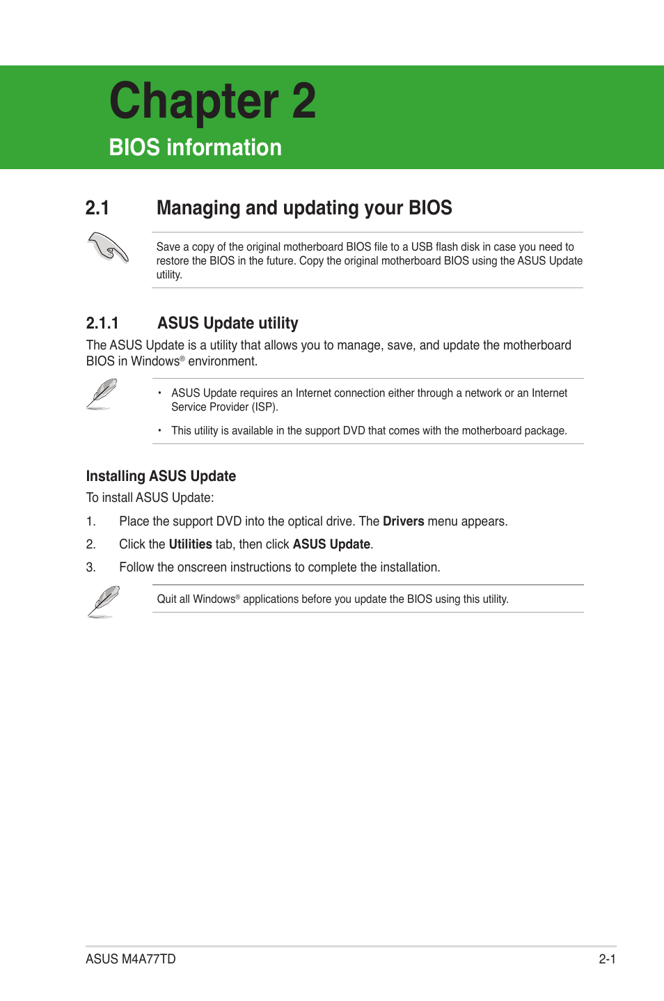 Chapter 2: bios information, 1 managing and updating your bios, 1 asus update utility | Bios information, Managing and updating your bios -1 2.1.1, Asus update utility -1, Chapter 2 | Asus M4A77TD User Manual | Page 41 / 64