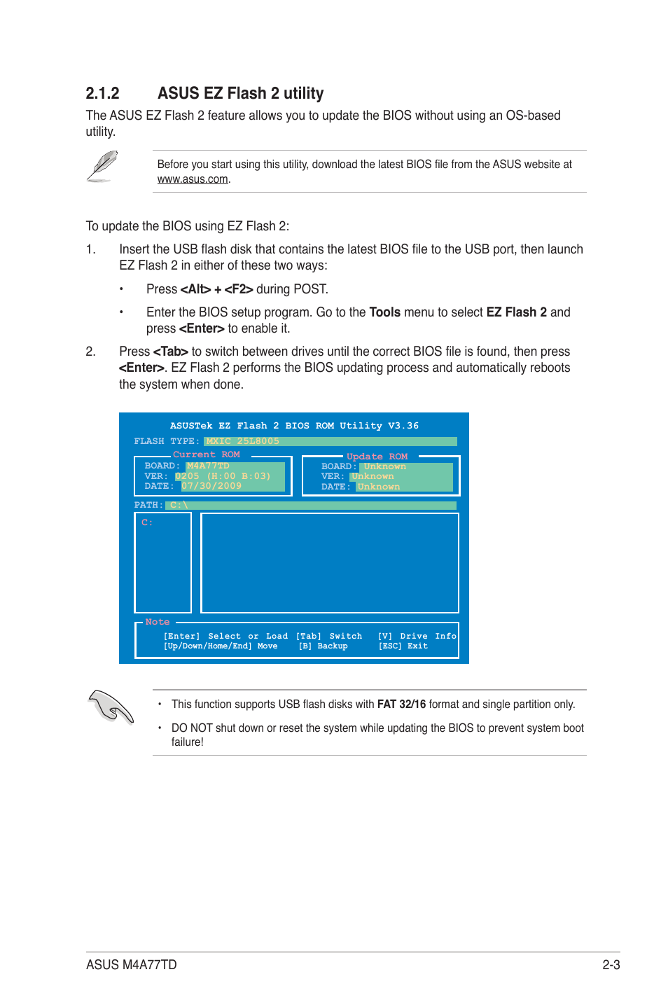 2 asus ez flash 2 utility, Asus ez flash 2 utility -3 | Asus M4A77TD User Manual | Page 43 / 64