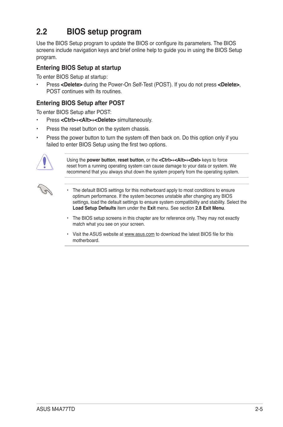 2 bios setup program, Bios setup program -5 | Asus M4A77TD User Manual | Page 45 / 64