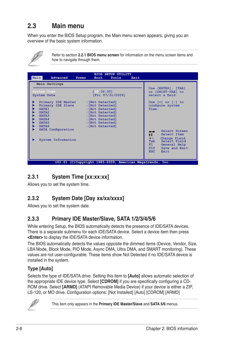 3 main menu, 1 system time, 2 system date | 3 primary ide master/slave, sata 1/2/3/4/5/6, Main menu -8 2.3.1, System time -8, System date -8, Primary ide master/slave, sata 1/2/3/4/5/6 -8, 1 system time [xx:xx:xx, Type [auto | Asus M4A77TD User Manual | Page 48 / 64