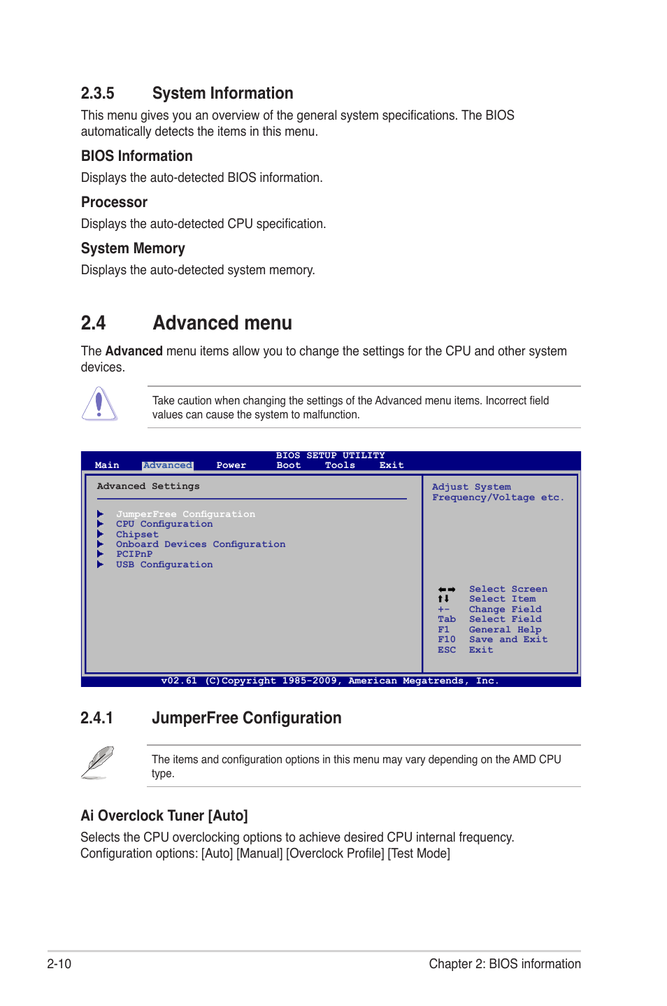 5 system information, 4 advanced menu, 1 jumperfree configuration | System information -10, Advanced menu -10 2.4.1, Jumperfree configuration -10, Ai overclock tuner [auto, Bios information, Processor | Asus M4A77TD User Manual | Page 50 / 64