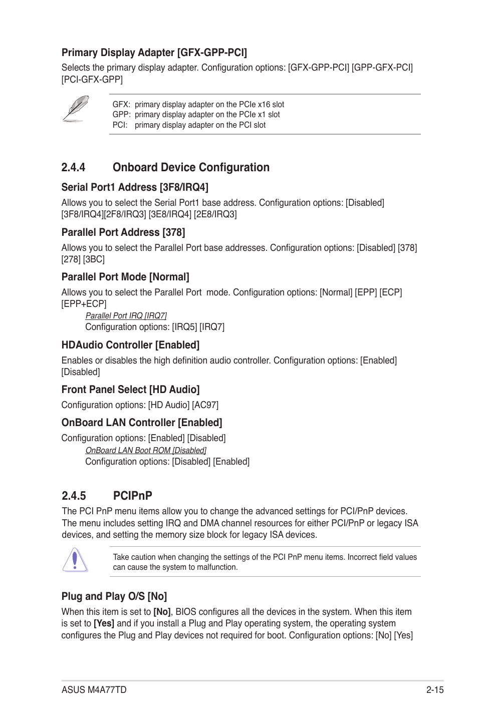 4 onboard device configuration, 5 pcipnp, 4 onboard device configuration -15 2.4.5 | Pcipnp -15 | Asus M4A77TD User Manual | Page 55 / 64