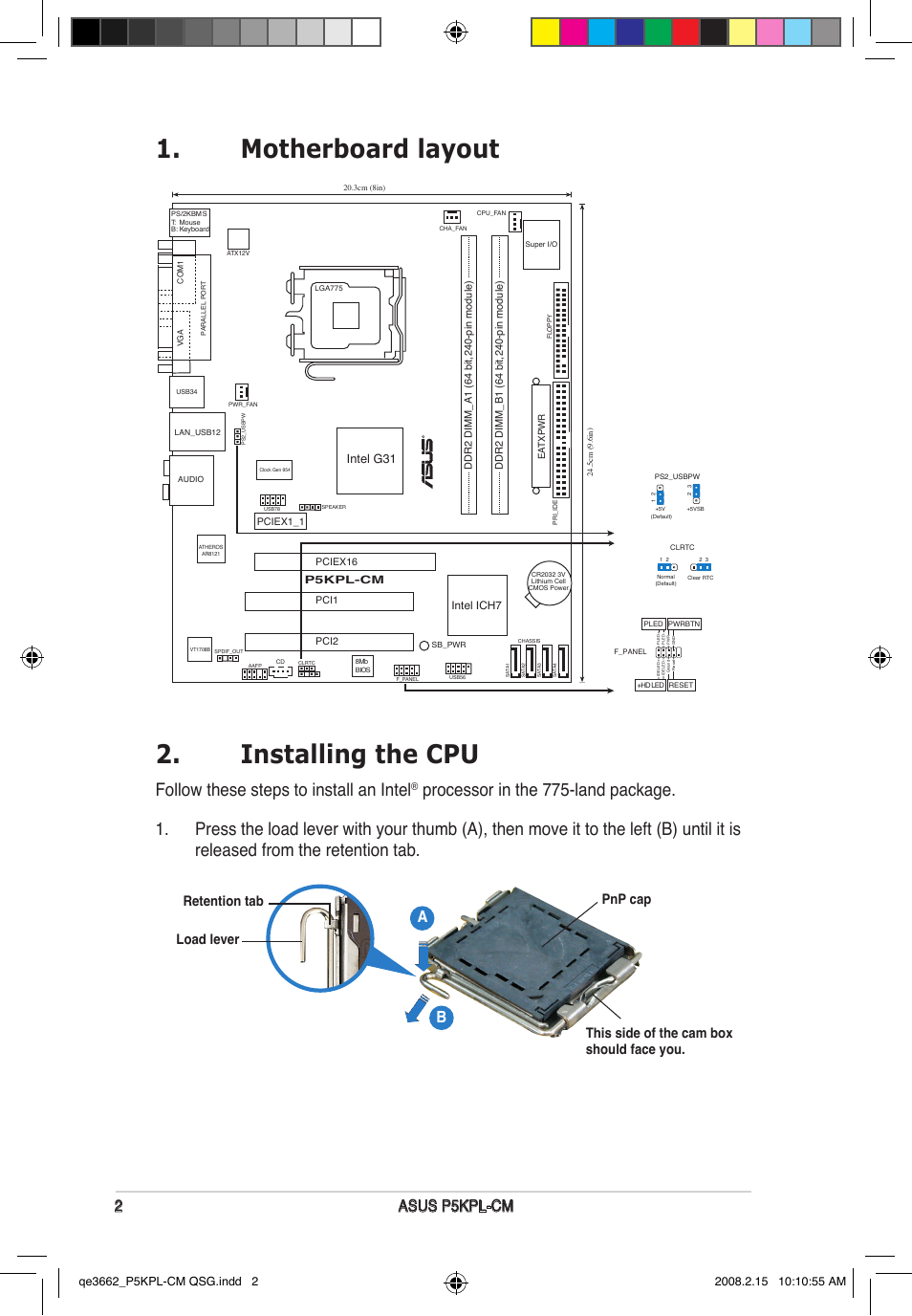 Motherboard layout 2. installing the cpu, Follow these steps to install an intel, 2asus p5kpl-cm | Intel g31 | Asus P5KPL-CM User Manual | Page 2 / 4
