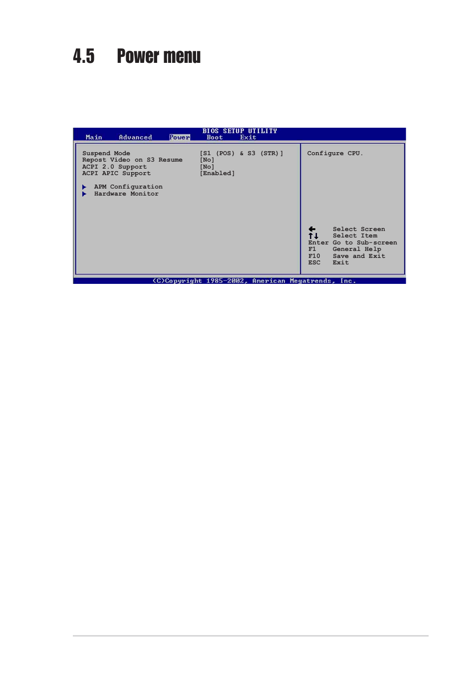 5 power menu, 1 suspend mode [s1 (pos) & s3 (str), 2 repost video on s3 resume [no | 3 acpi 2.0 support [no, 4 acpi apic support [enabled | Asus K8V Deluxe User Manual | Page 95 / 144