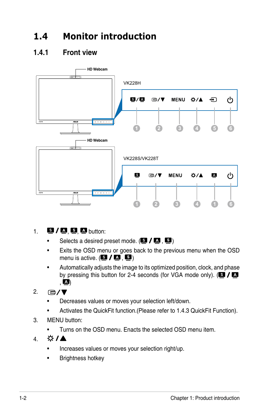 4 monitor introduction, 1 front view, Monitor introduction -2 1.4.1 | Front view -2 | Asus VK228T User Manual | Page 10 / 27