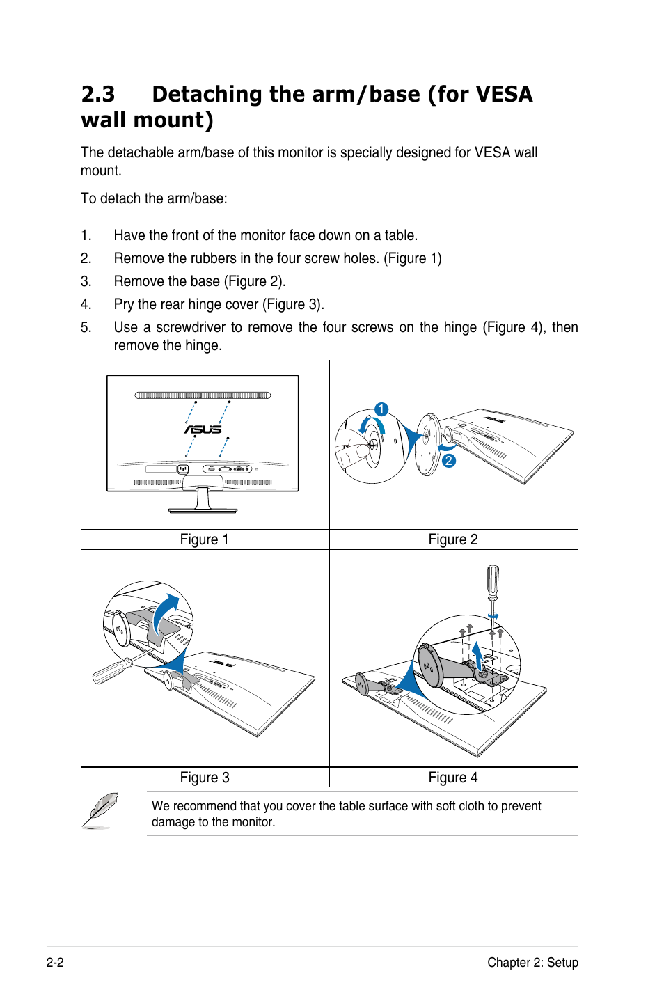 3 detaching the arm/base (for vesa wall mount), Detaching the arm/base (for vesa wall mount) -2 | Asus VK228T User Manual | Page 16 / 27