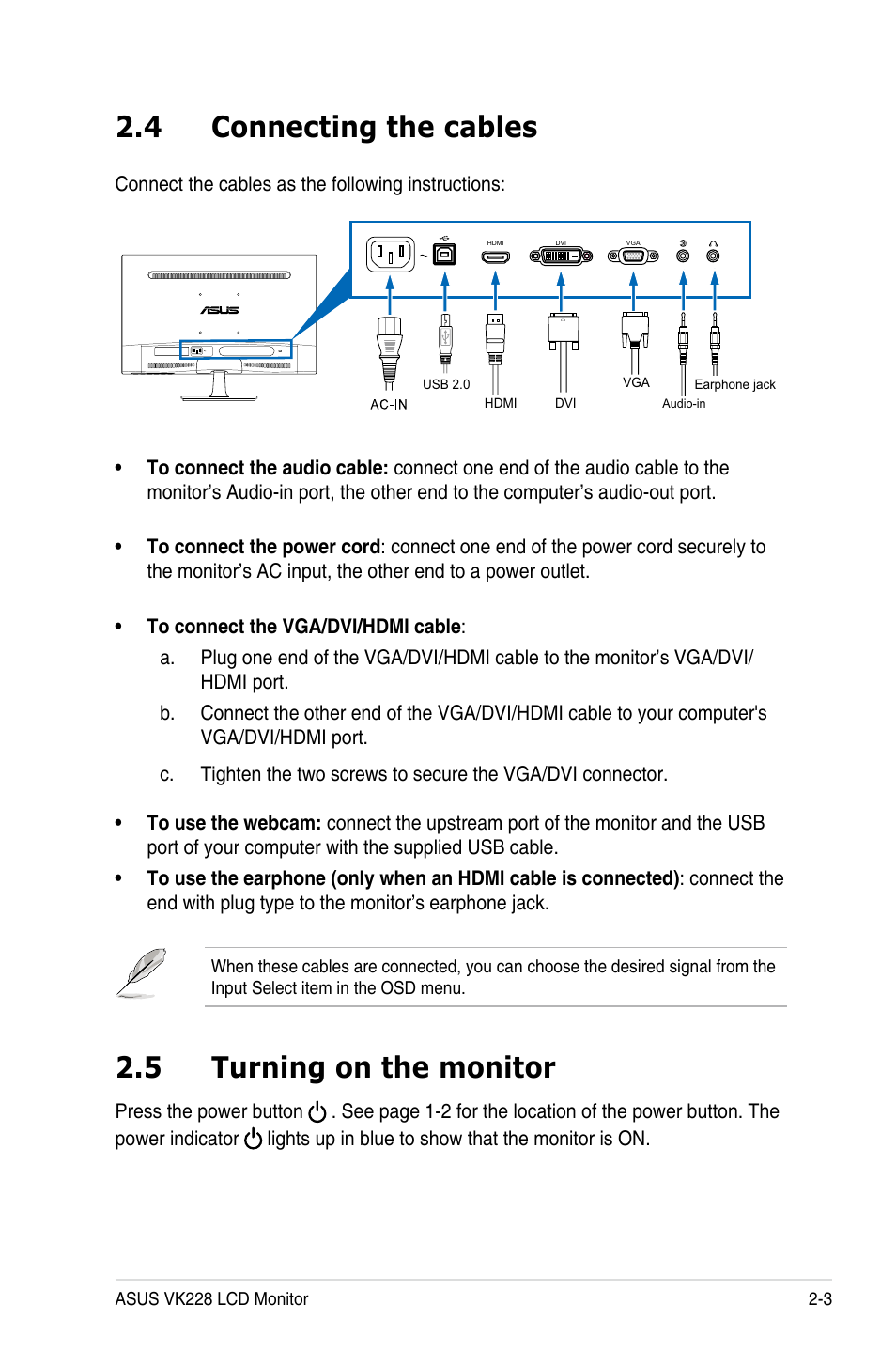 4 connecting the cables, 5 turning on the monitor, Connecting the cables -3 | Turning on the monitor -3 | Asus VK228T User Manual | Page 17 / 27