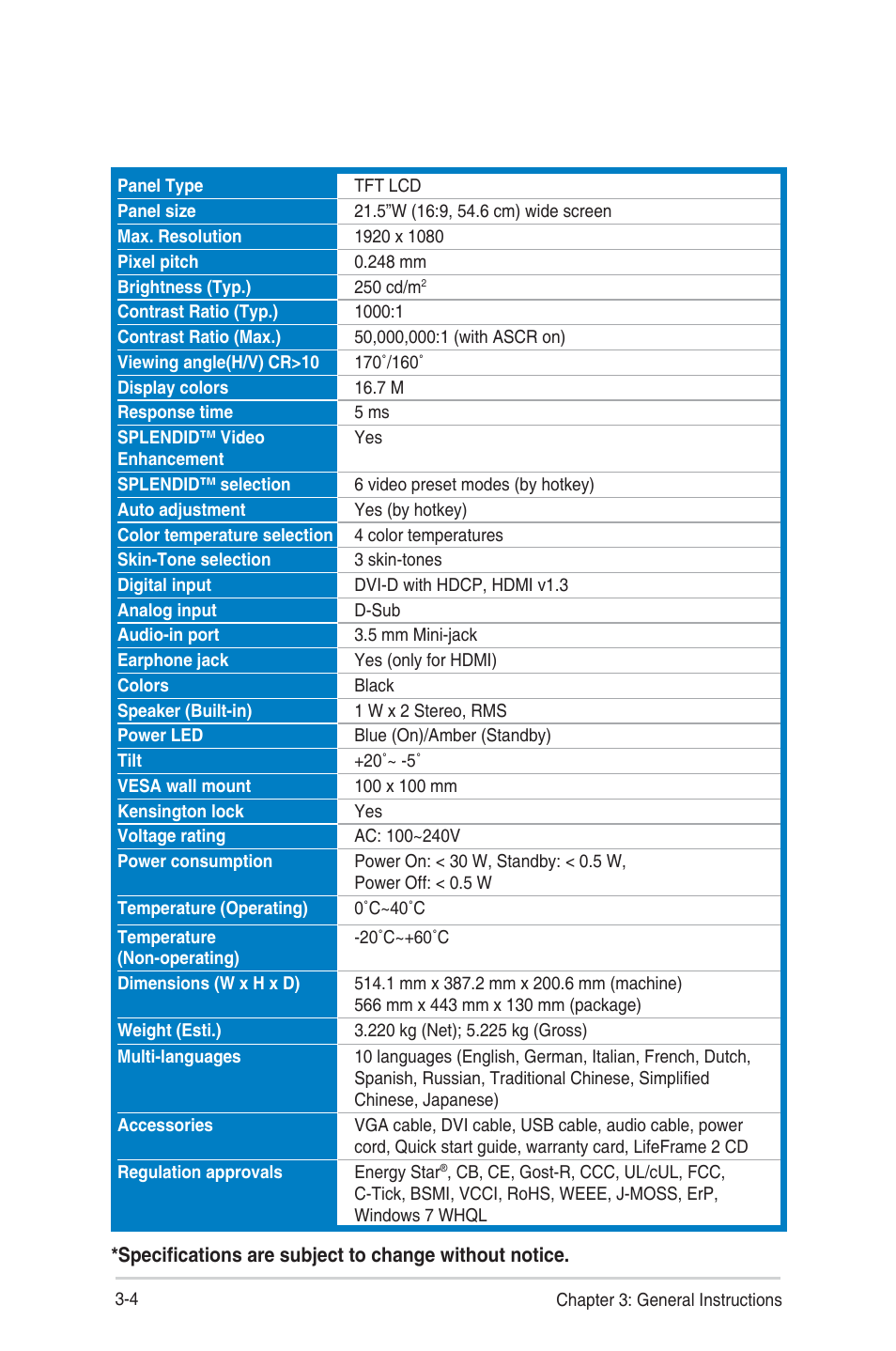 2 specifications summary (vk228h), Specifications summary (vk228h) -4, 2 specifi cations summary (vk228h) | Asus VK228T User Manual | Page 22 / 27