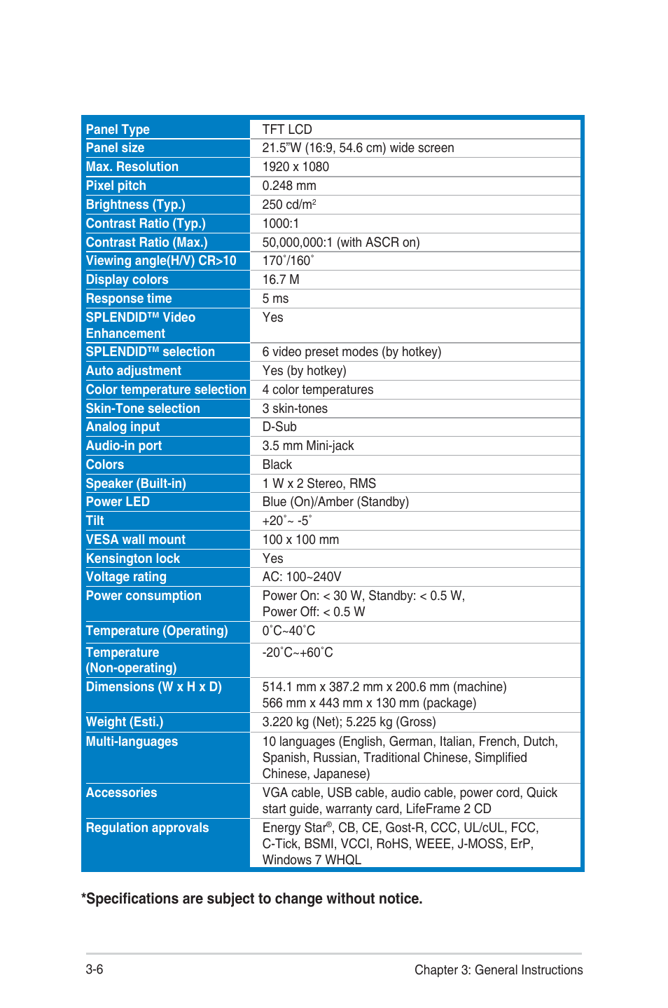 Specifications summary (vk228d), Specifications summary (vk228s) -6, Specifi cations summary (vk228s) | Asus VK228T User Manual | Page 24 / 27