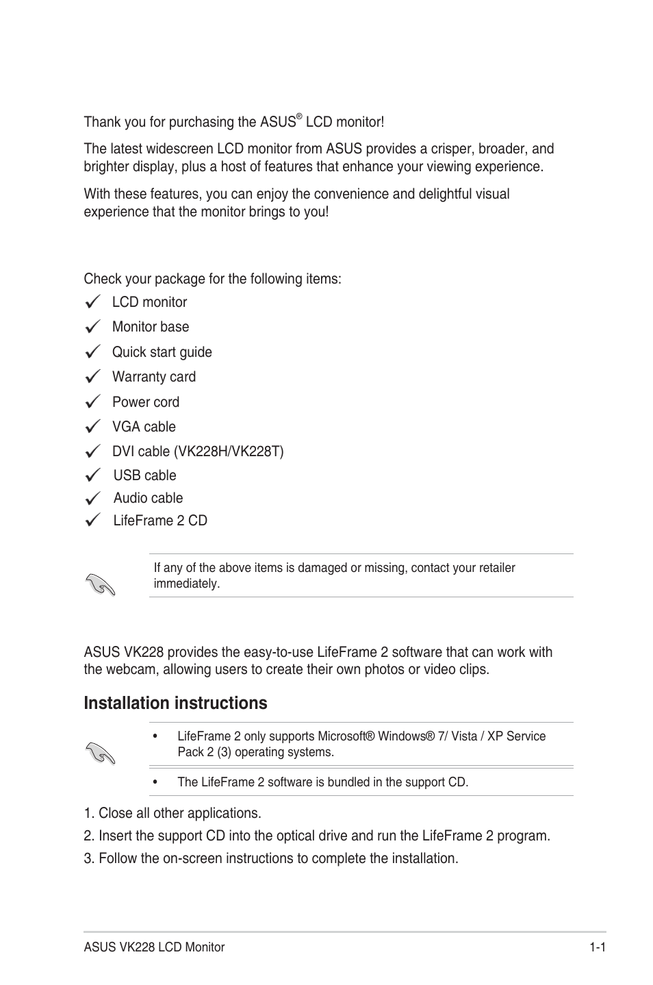 Chapter 1: product introduction, 1 welcome, 2 package contents | 3 lifeframe 2 software, Welcome! -1, Package contents -1 | Asus VK228T User Manual | Page 9 / 27