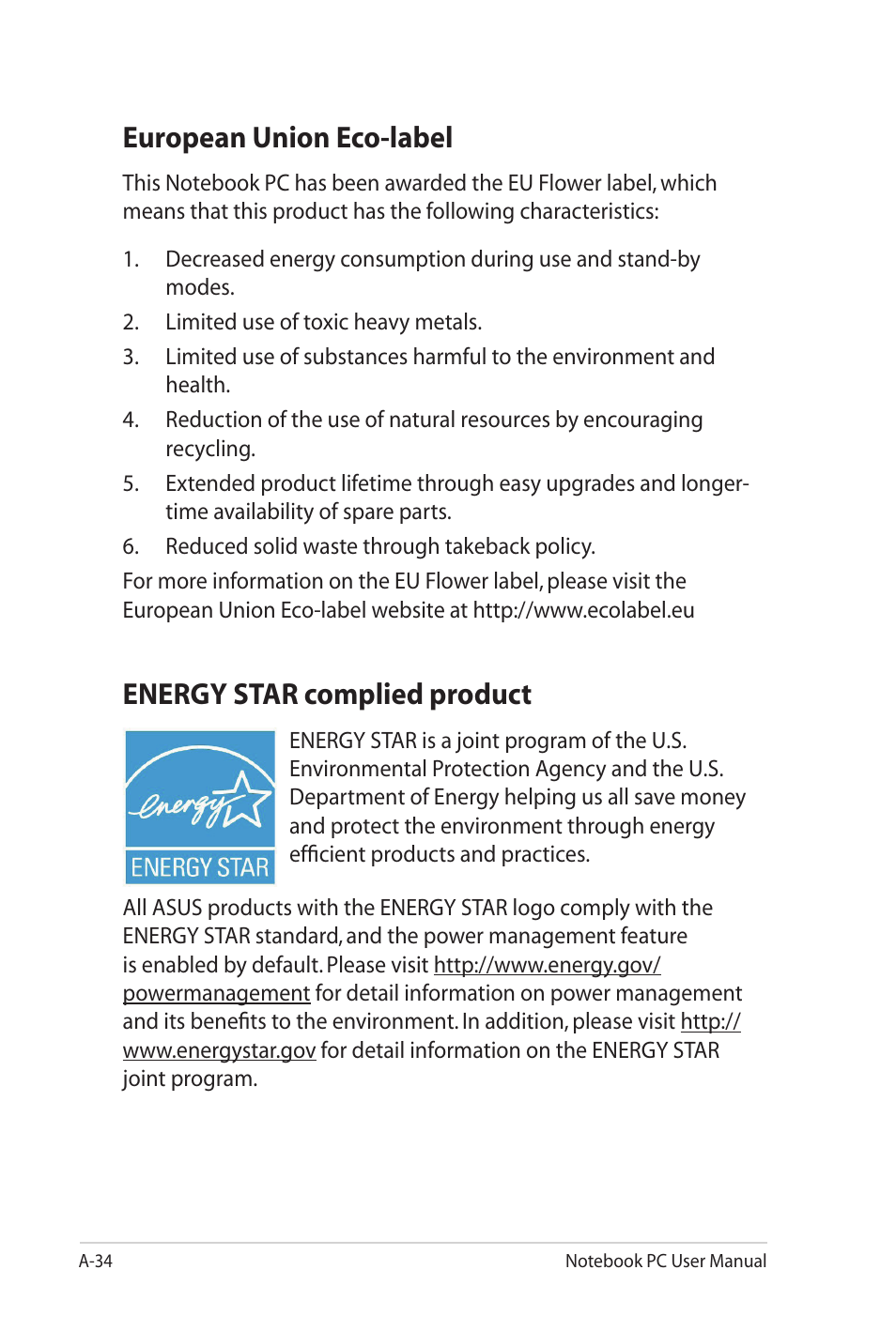 European union eco-label, Energy star complied product | Asus X52JE User Manual | Page 104 / 110