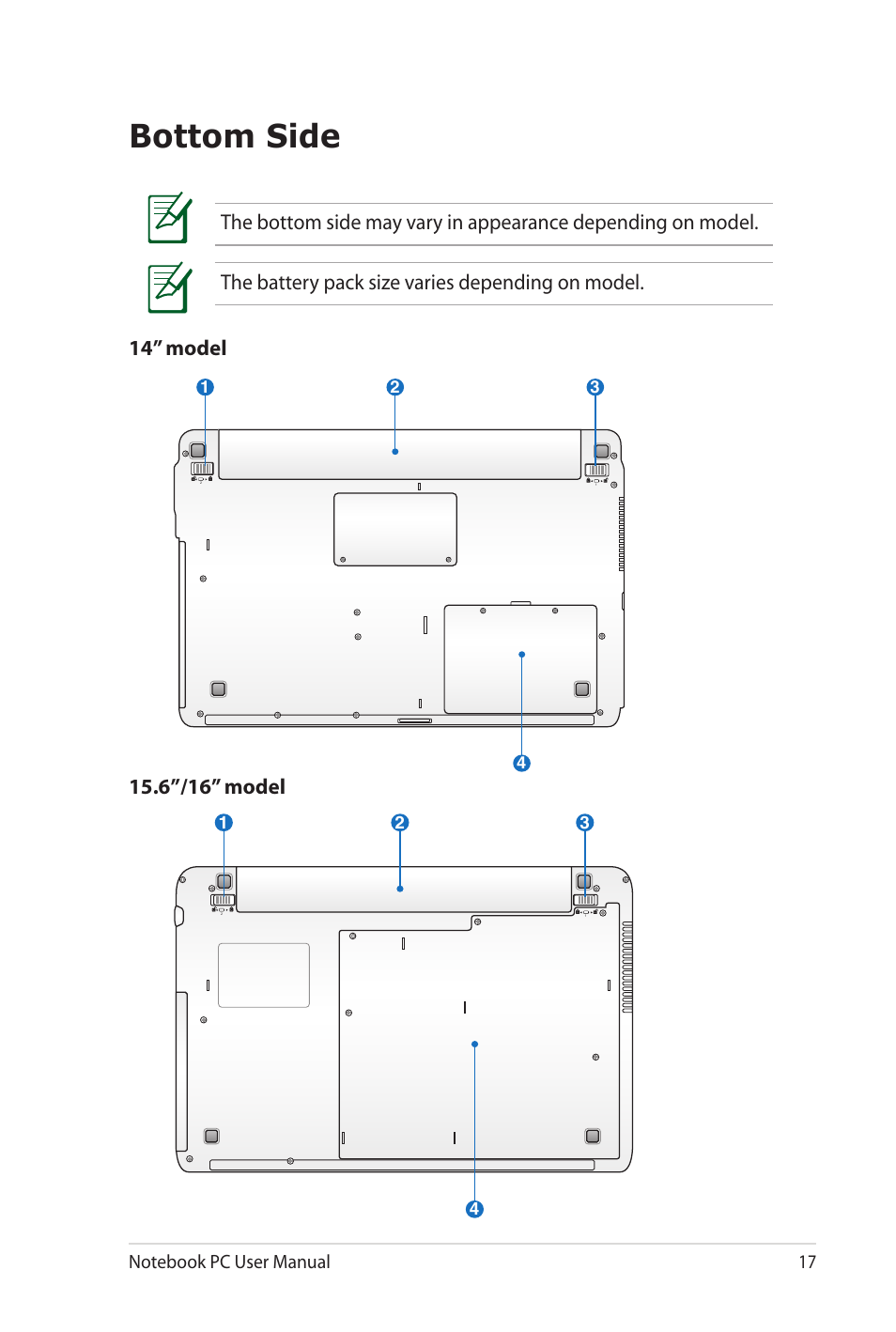 Bottom side | Asus X52JE User Manual | Page 17 / 110