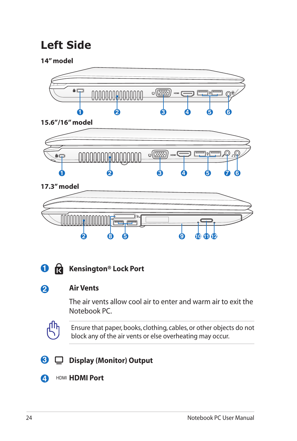 Left side, Display (monitor) output, Hdmi port 3 | Asus X52JE User Manual | Page 24 / 110