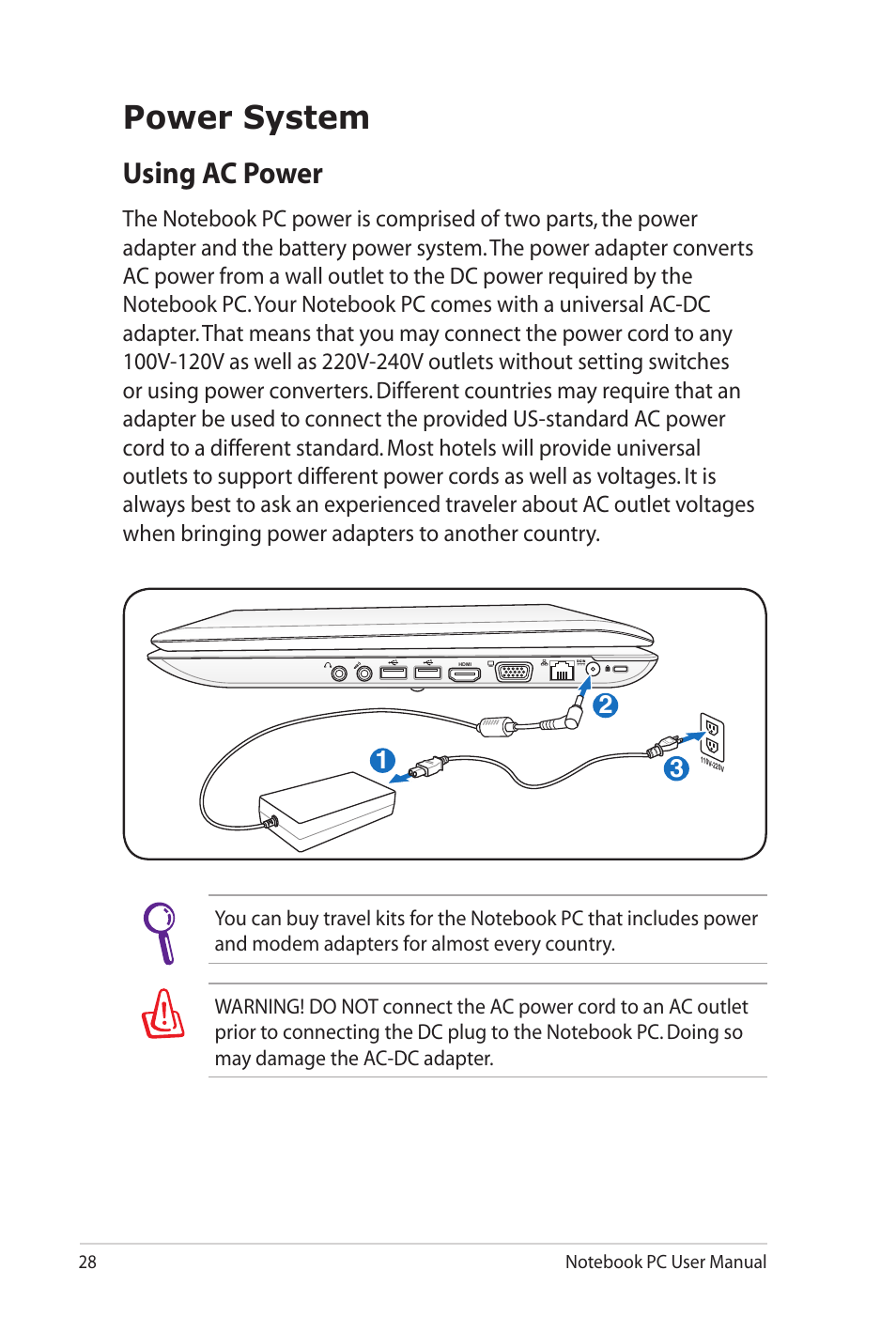 Power system, Using ac power | Asus X52JE User Manual | Page 28 / 110