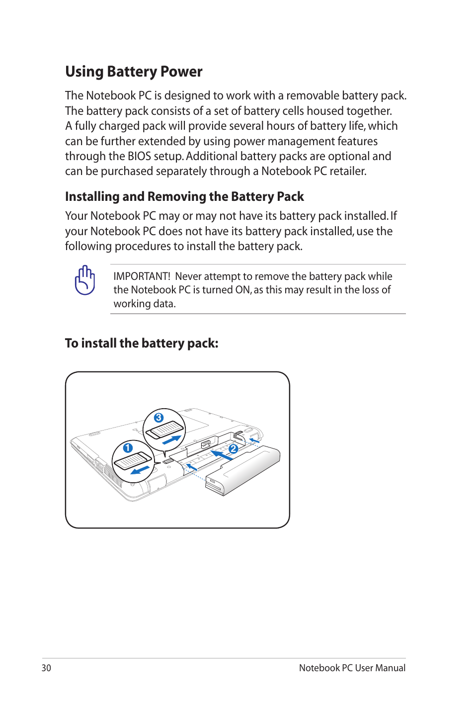 Using battery power, Installing and removing the battery pack | Asus X52JE User Manual | Page 30 / 110