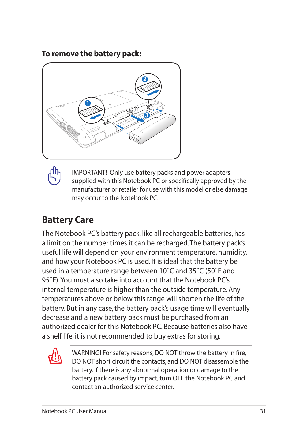 Battery care | Asus X52JE User Manual | Page 31 / 110