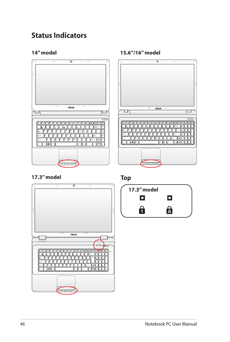 Status indicators | Asus X52JE User Manual | Page 46 / 110