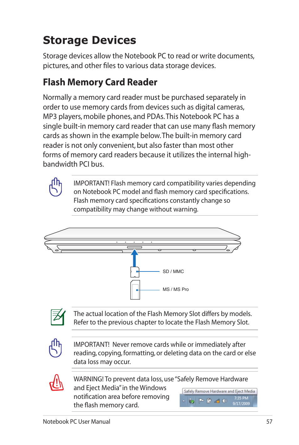 Storage devices, Flash memory card reader | Asus X52JE User Manual | Page 57 / 110