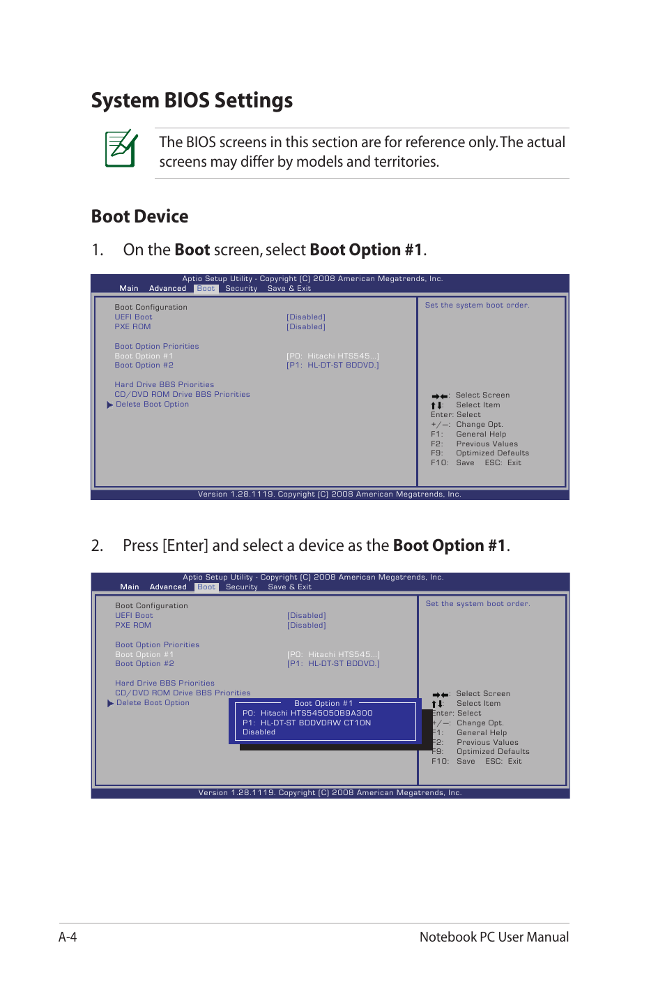 System bios settings, Boot device, On the boot screen, select boot option #1 | Asus X52JE User Manual | Page 74 / 110