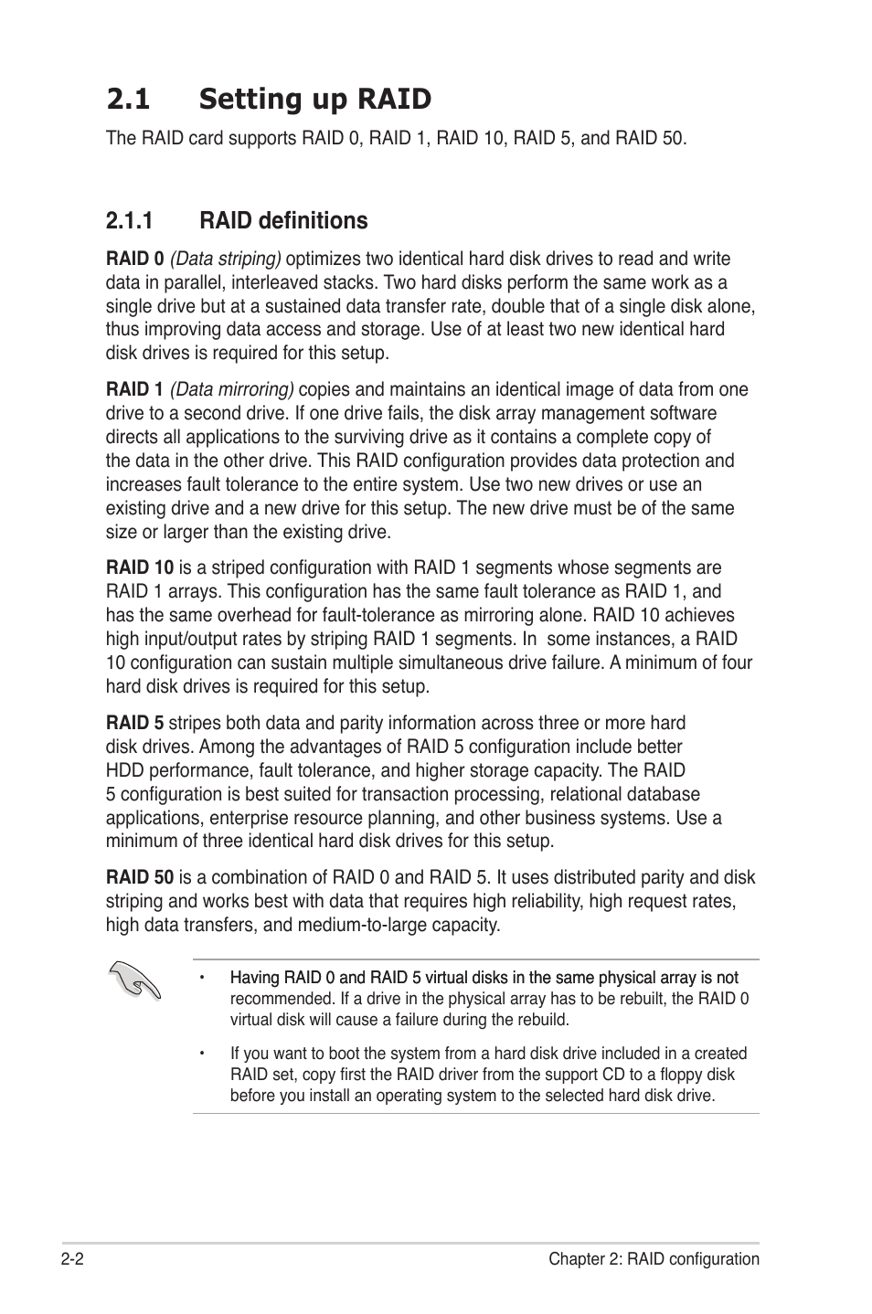 1 setting up raid, 1 raid definitions, Setting up raid -2 2.1.1 | Raid definitions -2 | Asus PIKE 2008/IMR User Manual | Page 16 / 72