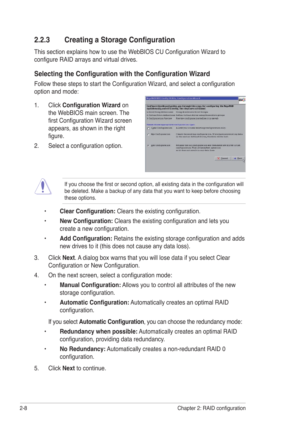 3 creating a storage configuration, Creating a storage configuration -8 | Asus PIKE 2008/IMR User Manual | Page 22 / 72