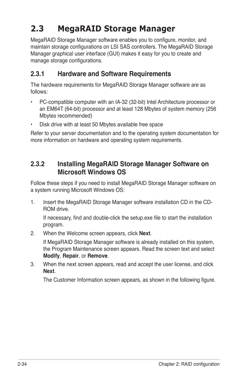 3 megaraid storage manager, 1 hardware and software requirements, Megaraid storage manager -34 2.3.1 | Hardware and software requirements -34, Installing megaraid storage manager software on, Microsoft windows os -34 | Asus PIKE 2008/IMR User Manual | Page 48 / 72