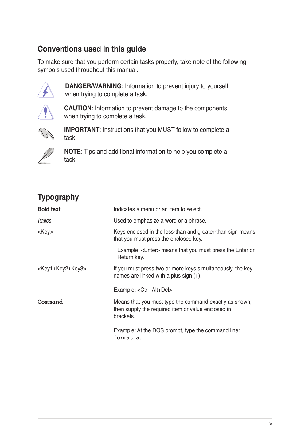Typography, Conventions used in this guide | Asus PIKE 2008/IMR User Manual | Page 5 / 72