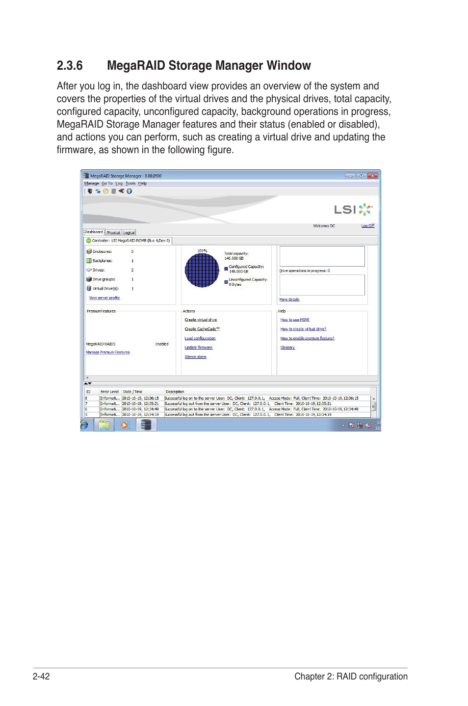 6 megaraid storage manager window, Megaraid storage manager window -42 | Asus PIKE 2008/IMR User Manual | Page 56 / 72