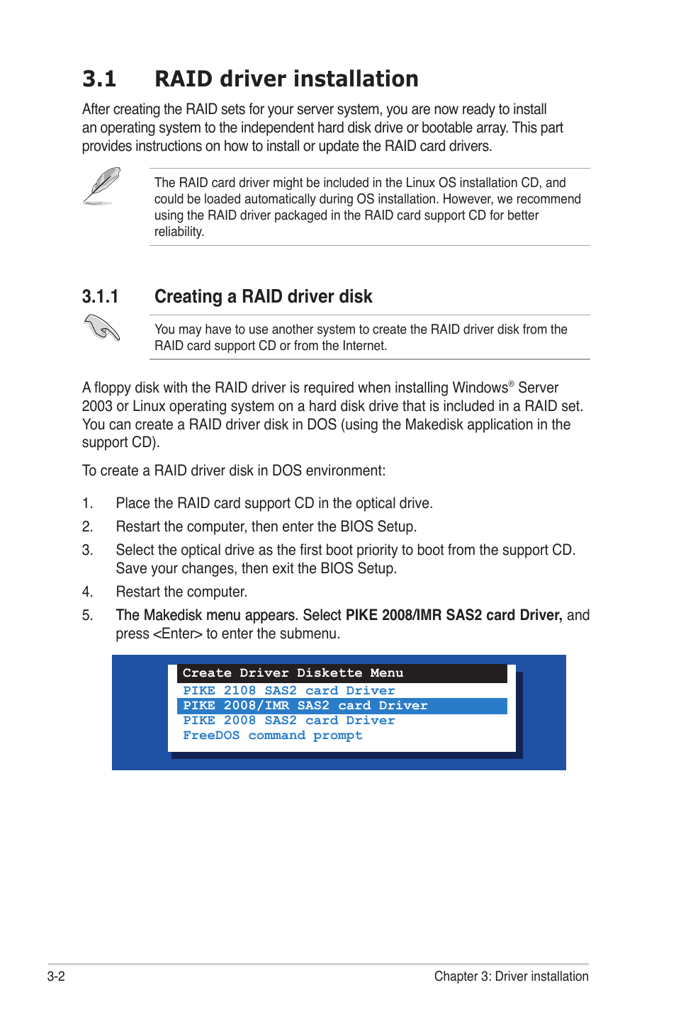 1 raid driver installation, 1 creating a raid driver disk, Raid driver installation -2 3.1.1 | Creating a raid driver disk -2 | Asus PIKE 2008/IMR User Manual | Page 62 / 72